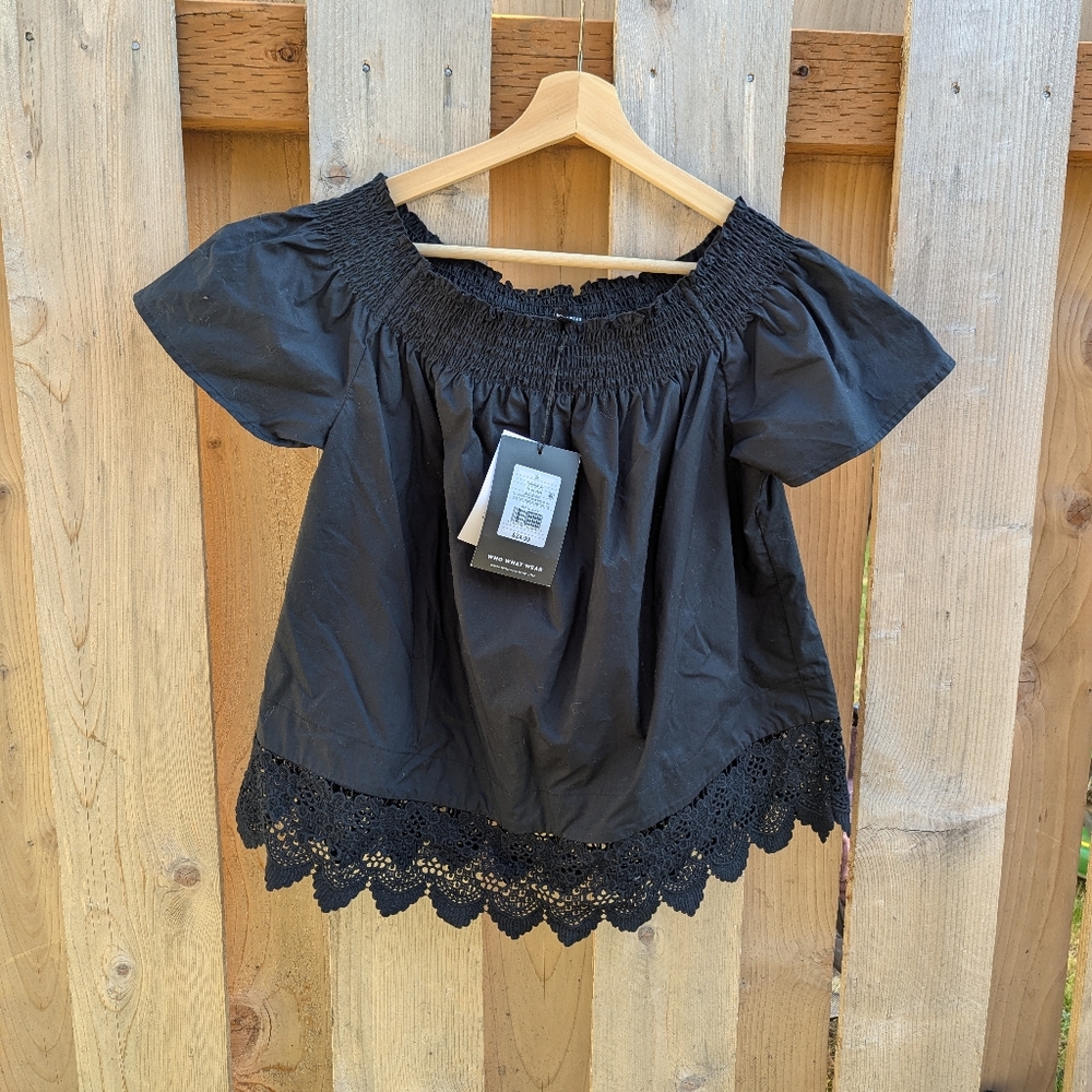 Black Off-Shoulder Lace Hem Top